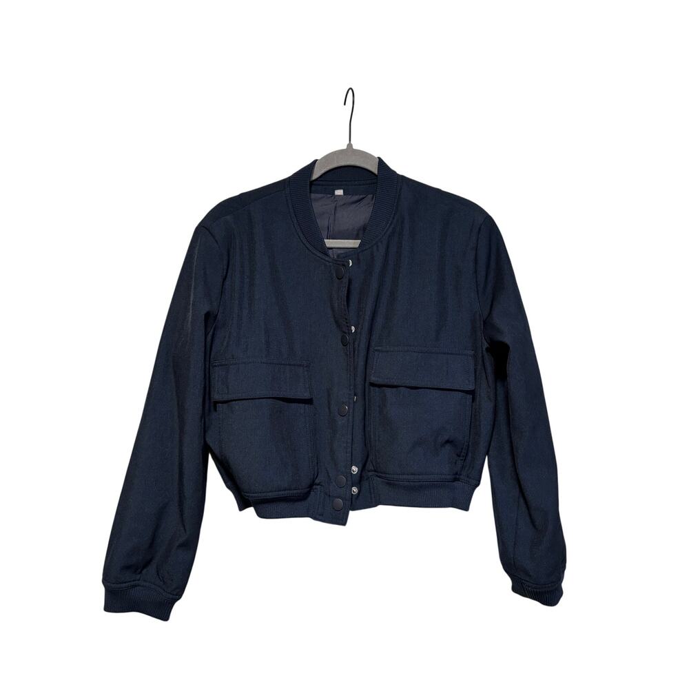 Navy Blue Cropped Bomber Jacket Size S - Picture 2 of 7